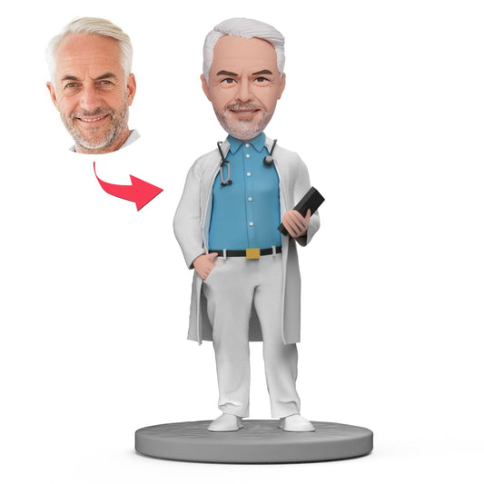 Personalised doctor bobblehead with engraved base — polymer clay custom head of GP in white coat, ideal NHS doctor gift for AU & UK