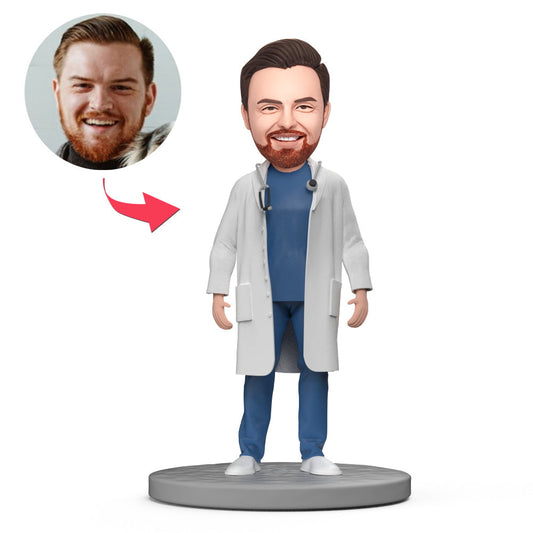 Custom surgeon bobblehead in white coat – personalised doctor figurine hand‑sulpted from polymer clay with custom head and engraved base, ideal NHS or medical graduation gift