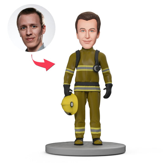 Personalised firefighter bobblehead with hat - handcrafted polymer clay mini-me with custom head modelled from your photo and engraved text on the base