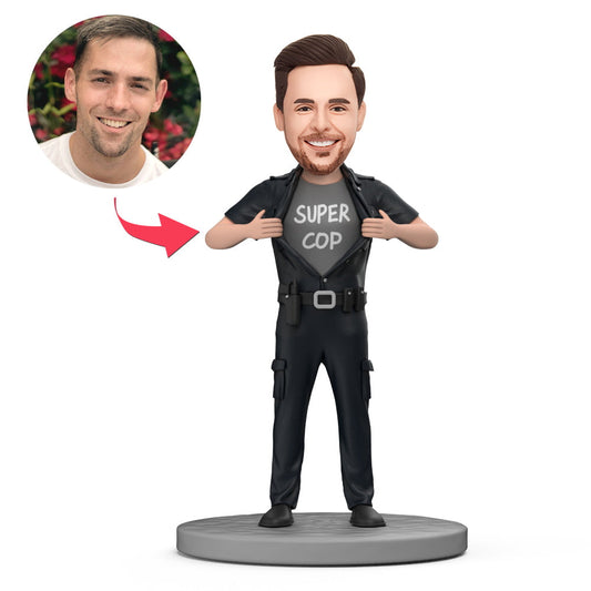 Handsome Super Cop personalised police bobblehead with engraved text, handcrafted polymer clay custom head, perfect gift for academy graduations, promotions and retirements in the UK and Australia
