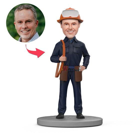 Personalised mechanical engineer bobblehead with cables and kits — handcrafted polymer clay figurine with custom sculpted head and optional engraved text, perfect personalised desk ornament gift