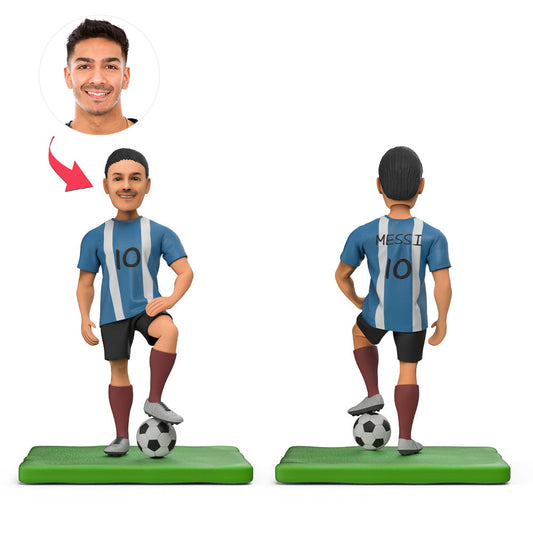 Personalised World Cup Messi bobblehead in Argentina blue jersey — custom engraved football figure, front view showing full body pose and base engraving option
