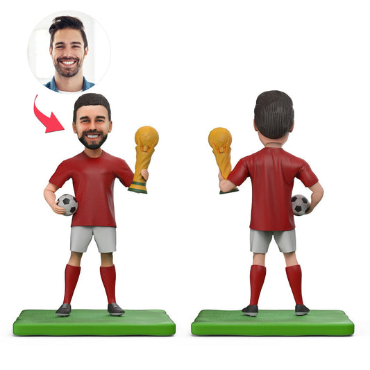 Front view personalised World Cup football bobblehead in football kit with engraved name on plinth — custom engraved bobblehead gift for football fans