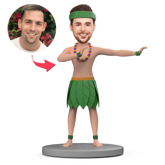 Hawaiian Hula Happy Boys personalised bobblehead with engraved base text, polymer clay custom head in hula outfit perfect personalised gift for UK and Australia