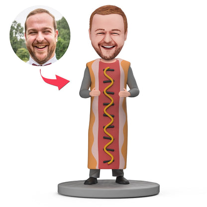 Full-length Hot Dog Man personalised bobblehead in polymer clay with customised head and engraved text on the base — handcrafted novelty desk ornament and bespoke gift
