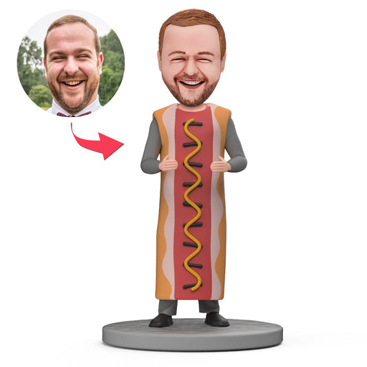 Full-length Hot Dog Man personalised bobblehead in polymer clay with customised head and engraved text on the base — handcrafted novelty desk ornament and bespoke gift