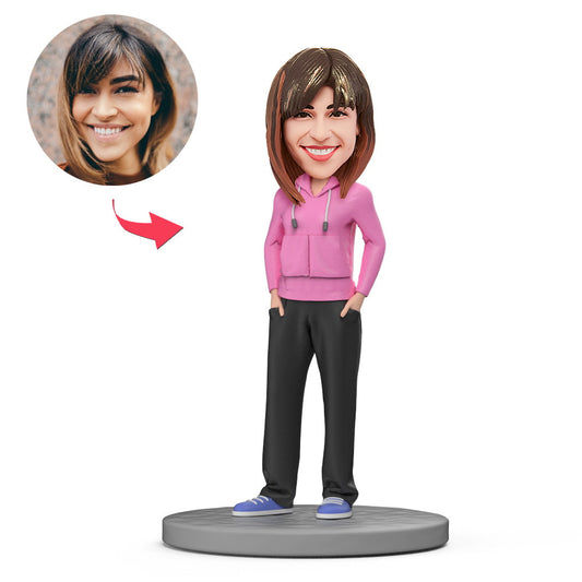 HipPop Girls personalised bobblehead with engraved text on base, polymer clay custom keepsake with the head personalised from your photo — ideal birthday, bridesmaid or teacher gift