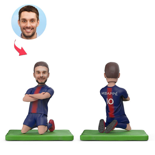 Mbappé Celebrates personalised football bobblehead — Mbappé‑inspired kit and pose with engraved base and head personalised from your photo