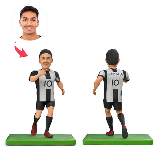 Front view of Soccer Stars Argentina Dybala personalised bobblehead in Argentina football jersey with engraved base – custom football bobblehead gift