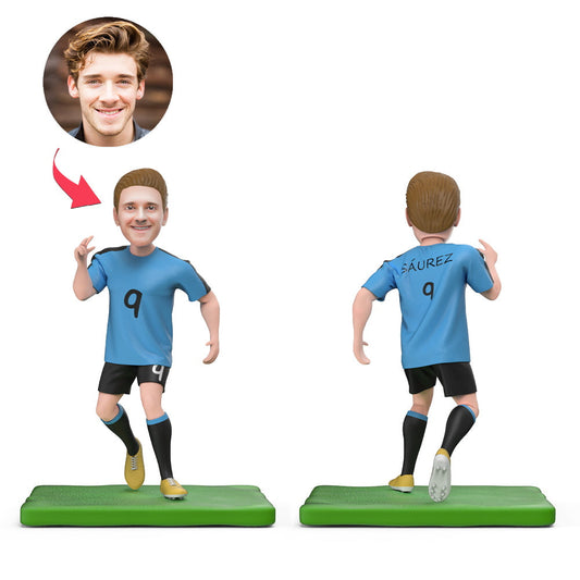 Personalised Suarez World Cup football bobblehead with engraved base – front view, handcrafted polymer clay and customised head likeness