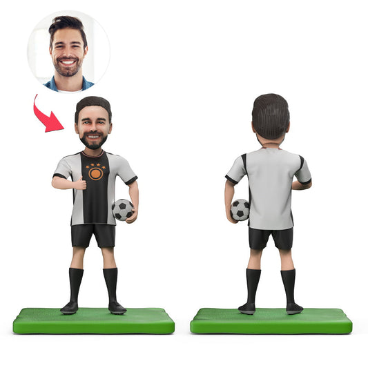 Personalised Germany Team 2022 World Cup football player custom bobblehead front view showing customised head sculpt and engraved base