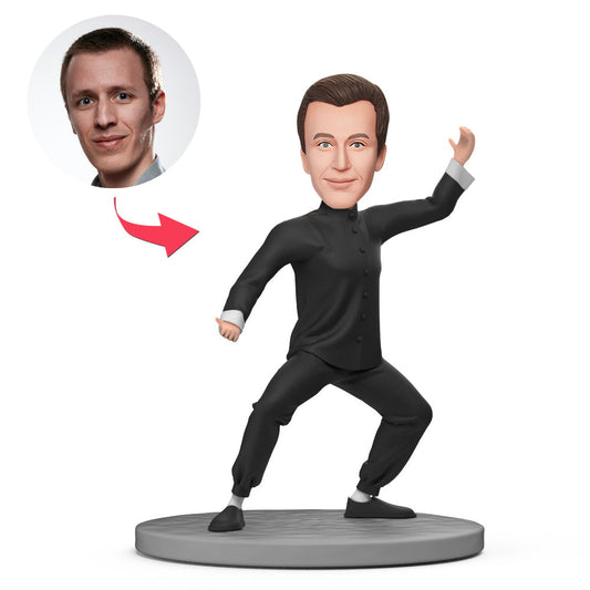 Chinese Kung Fu custom bobblehead in polymer clay with personalised head sculpt and engraved text on the base, handcrafted keepsake