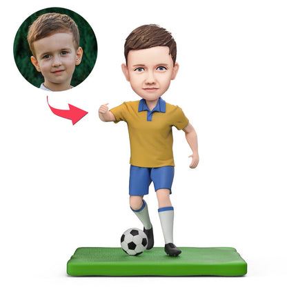 Personalised little boy playing football bobblehead with engraved text, handcrafted polymer clay keepsake, custom head – perfect children’s football gift