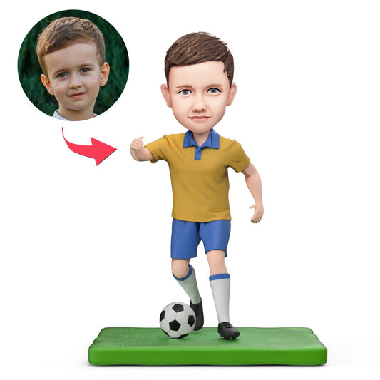 Personalised little boy playing football bobblehead with engraved text, handcrafted polymer clay keepsake, custom head – perfect children’s football gift