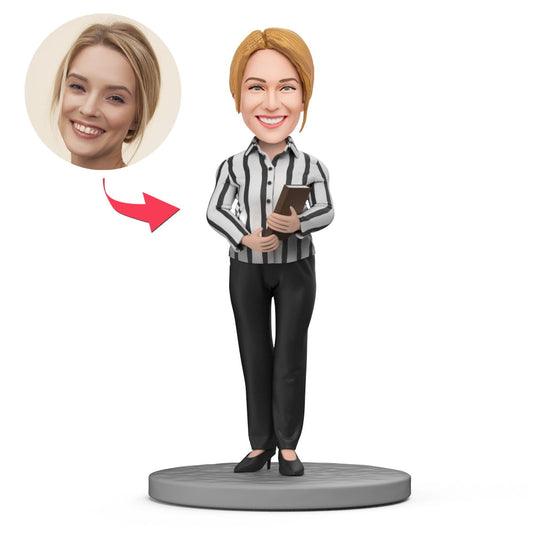 Personalised female teacher bobblehead in striped shirt with engraved base - hand-sculpted polymer clay desk keepsake personalised from your photo