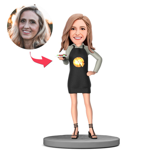 Pretty waitress personalised bobblehead with customised head and engraved text on base, handmade polymer clay server figurine ideal as a personalised ornament and personalised bobbleheads UK gift