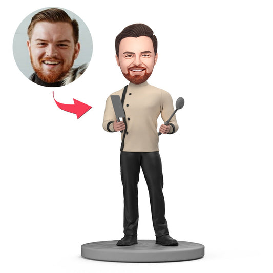 Personalised five-star chef bobblehead with custom face and engraved text on the base, handmade polymer clay keepsake for cooks and chefs in the UK and Australia
