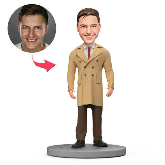 Businessman in windbreaker custom bobblehead with personalised head and engraved base — handmade polymer clay mini‑me, ideal photo‑to‑bobblehead gift