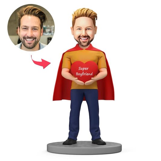 Super Boyfriend red cape & heart personalised bobblehead — handcrafted polymer clay with customised head and engraved text on base; ideal custom boyfriend bobblehead and personalised bobblehead gift