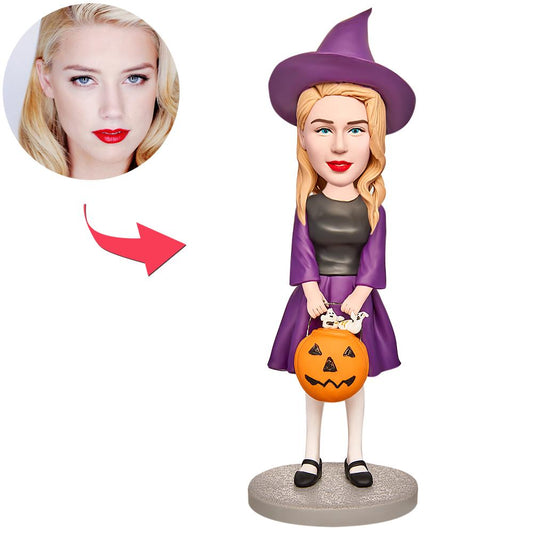 Personalised Halloween Little Witch bobblehead holding a Jack-O'-Lantern, custom polymer clay head with engraved text – unique Halloween gift