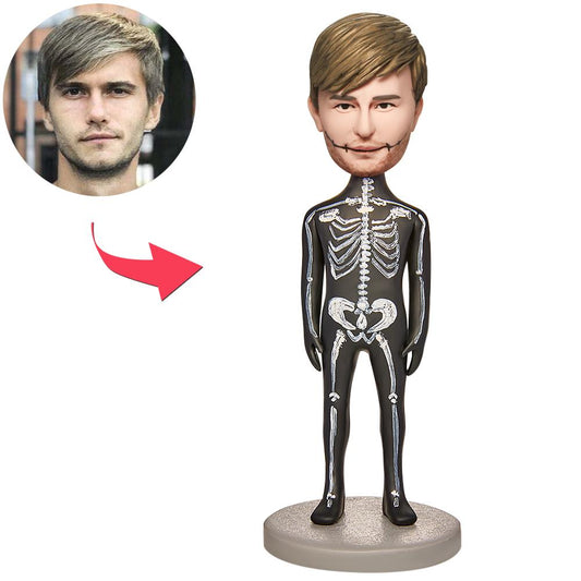 Personalised Halloween skeleton bobblehead with engraved text - polymer clay cosplay figure with custom photo-matched head and fixed body pose, ideal spooky gift