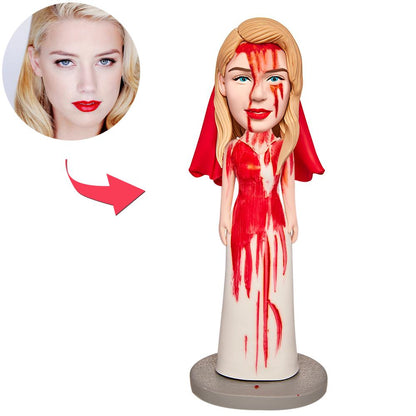 Handmade polymer clay Halloween bloodstained bride personalised bobblehead in blood‑splattered wedding dress, customised head and engraved base — spooky personalised gift for wife or partner