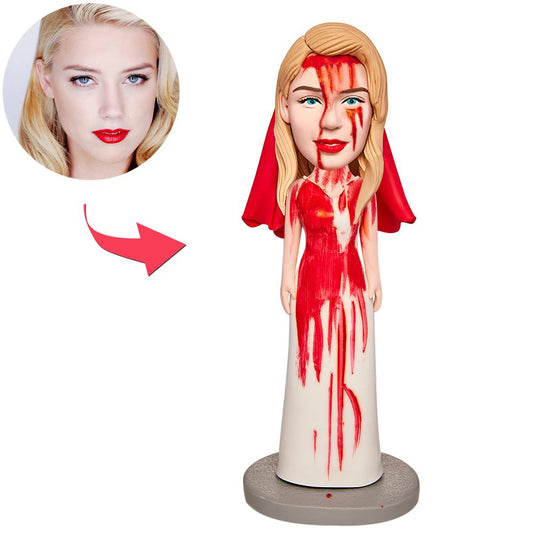 Handmade polymer clay Halloween bloodstained bride personalised bobblehead in blood‑splattered wedding dress, customised head and engraved base — spooky personalised gift for wife or partner