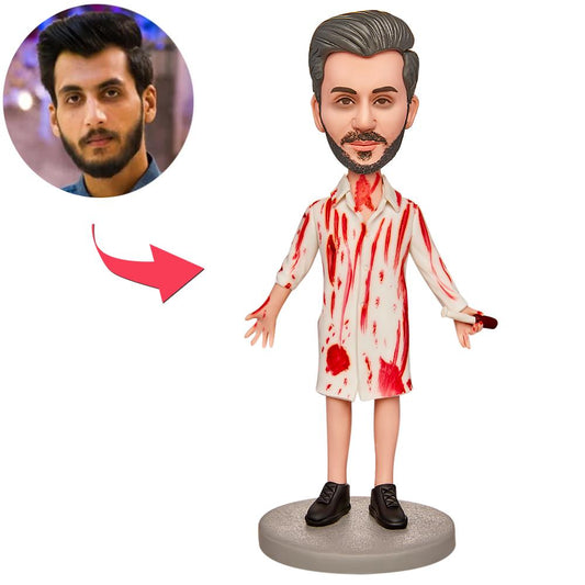 Personalised Halloween Crazy Doctor bobblehead handcrafted from polymer clay with custom engraved name on the base — funny personalised gift and novelty collectible
