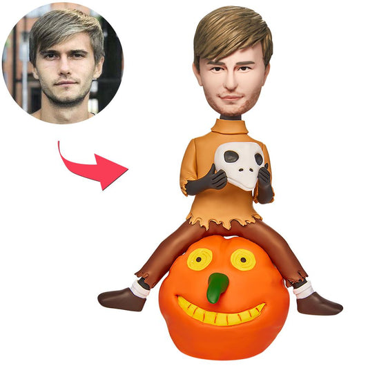 Personalised Halloween pumpkin boy bobblehead, front view – polymer clay figure with customised head and engraved base, ideal Halloween gift