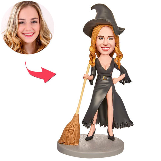 Personalised Halloween Witch Bobblehead front view – hand-crafted polymer clay figure in witch costume with customisable head and engraved text option, perfect personalised Halloween gift