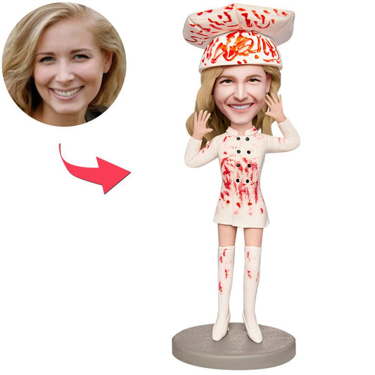 Custom Halloween female chef bobblehead handcrafted from high-quality polymer clay, spooky personalised bobblehead with engraved text on the base — ideal Halloween gift for friends, sisters and collectors