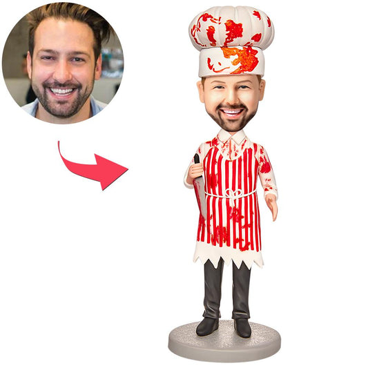 Personalised Halloween creepy male chef bobblehead — polymer-clay novelty with customised head from your photo and engraved base, quirky gift for him