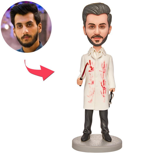 Halloween Doctor Bobblehead with custom head and engraved text holding a knife — personalised polymer clay figurine gift for collectors