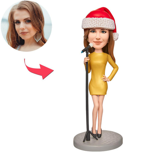 Personalised Christmas bobblehead (polymer clay) — front view of custom figure with personalised hairstyle and engraved base; ideal custom Christmas gift