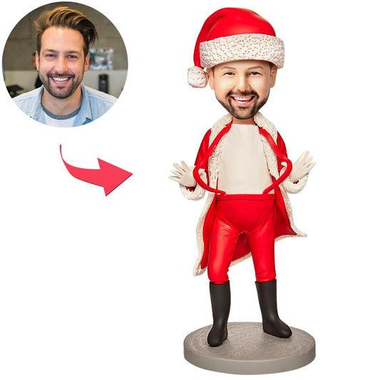 Personalised Santa Claus bobblehead in festive red costume, handcrafted polymer clay figurine with custom engraved name on the base — perfect custom engraved Christmas gift for husband, dad or grandpa.