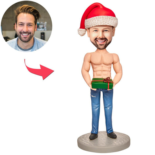 Personalised strong muscular man bobblehead for Christmas – custom photo head with personalised engraved base, polymer clay keepsake gift for him (husband or dad)
