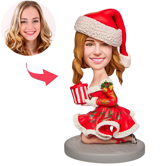 Personalised Christmas sexy girl bobblehead in polymer clay with engraved gift box — customised head on fixed pose; unique Christmas gift for her in the UK and Australia