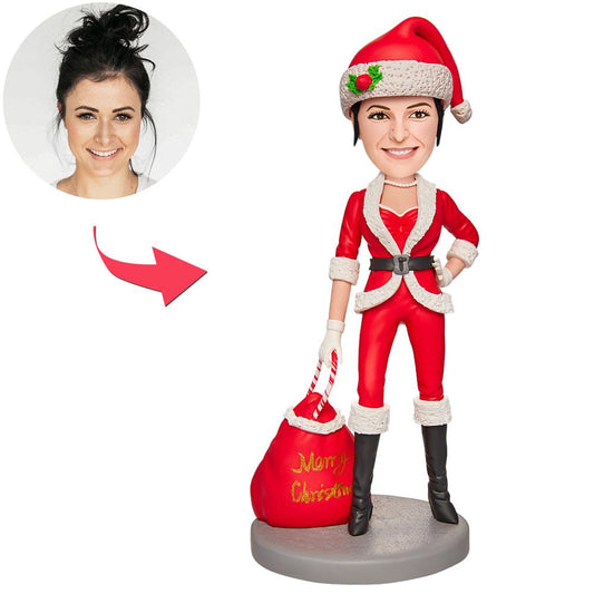 Personalised Christmas girl bobblehead in red suit with engraved text — hand-crafted polymer clay keepsake, custom head from your photo, ideal gift for her, girls and teens