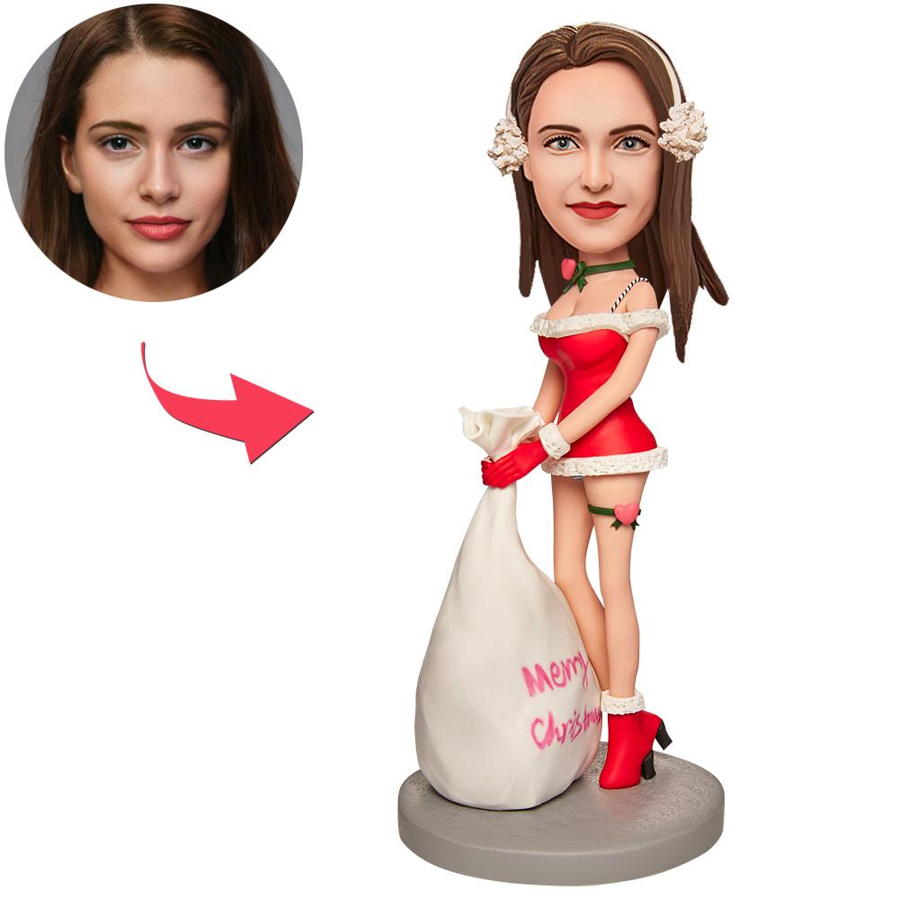 Personalised polymer clay Christmas girl bobblehead with engraved name plaque, customised face and hairstyle – quirky seasonal gift and stocking filler for UK and Australia