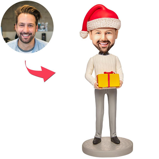Personalised Christmas bobblehead for men, polymer clay figurine with customised head from photo and engraved text on the base
