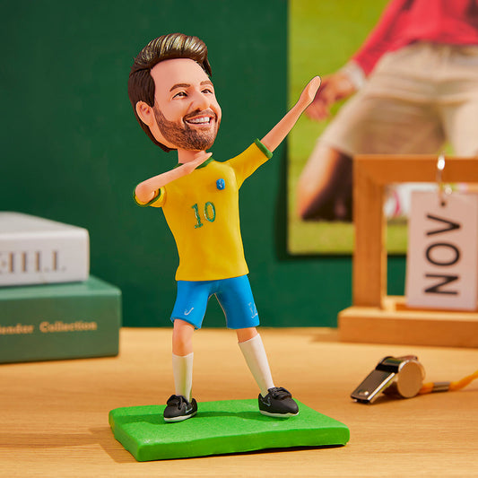 World Cup Brazil personalised bobblehead with engraved base text, handcrafted polymer clay football bobblehead with custom head from your photos, ideal personalised football gift for Australia and the UK
