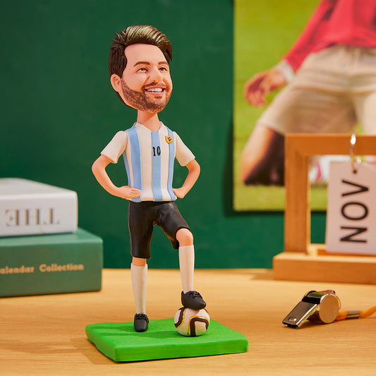 World Cup Argentina personalised bobblehead — front view with personalised head in Argentina kit and engraved name on the base, ideal Argentina fan gift