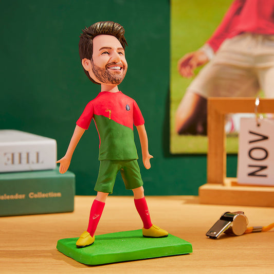Personalised Portugal World Cup bobblehead in polymer clay – custom football bobblehead with head modelled from your photo and engraved name plaque