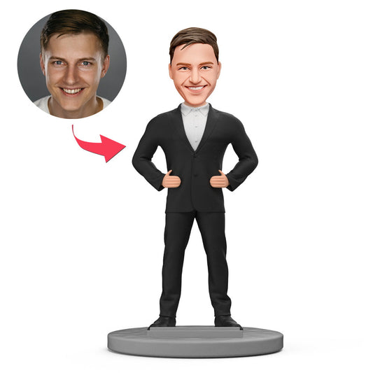 Personalised businessman suit mobile phone holder bobblehead with engraved base, polymer clay custom face figurine — bespoke office desk gift, personalised bobblehead UK