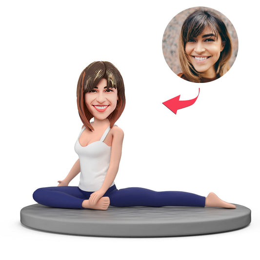 Personalised yoga woman bobblehead — front view of custom polymer clay yoga figurine with personalised head and engraved base, perfect funny personalised gift for yoga lovers