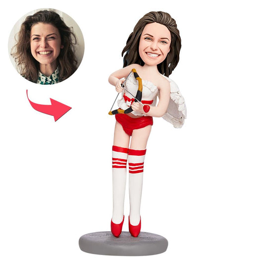 Front view of Valentine's Cupid Goddess personalised bobblehead in polymer clay, customised head with chosen hairstyle and engraved text on the base — ideal romantic gift for UK and Australia