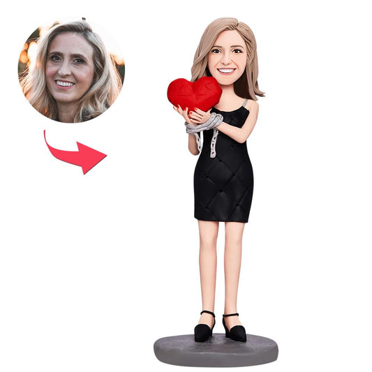 Valentine's Shackles of Love personalised polymer clay bobblehead with engraved text on the base and custom head likeness — romantic keepsake gift
