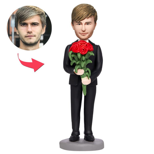 Personalised polymer-clay Valentine's bobblehead with roses and engraved base text, hand-finished custom head likeness — ideal Valentine's gift