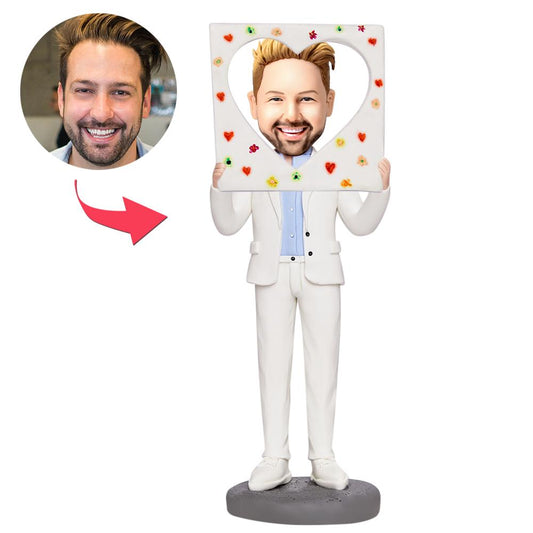Personalised Valentine's male 'taking picture' bobblehead made from polymer clay with engraved base — perfect personalised gift for him