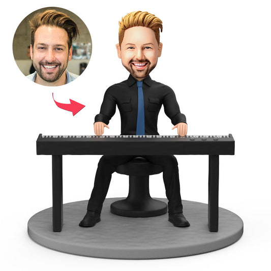 Handsome male keyboard player personalised bobblehead in polymer clay with engraved base — custom head modelled from your photos, perfect musician gift
